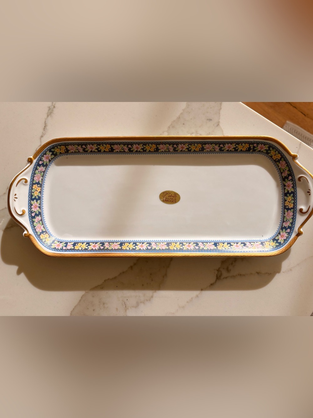 Limoges White Porcelain Vanity Tray with Pink and Yellow Floral Border